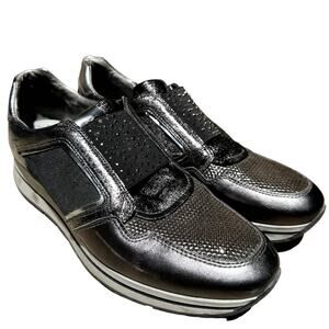 Nero Giardini Rhinestone Leather Sneakers Casual Fashion Pull On Black 41 10.5